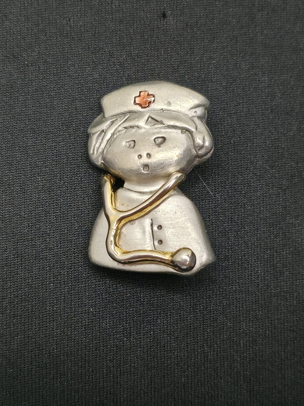 Vintage Pewter Nurse Brooch with Gold-tone Stethoscope and Red Cross